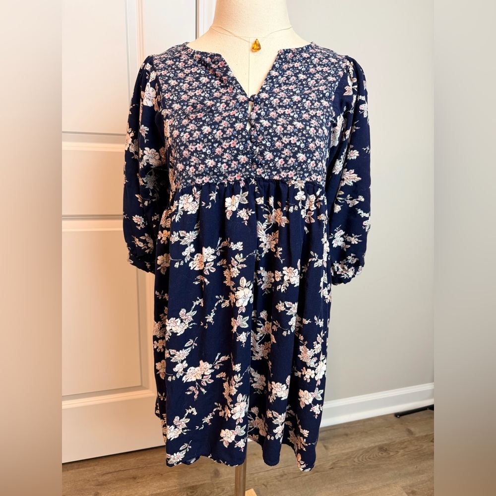Umgee Navy Floral Dress with Pink and White Accents